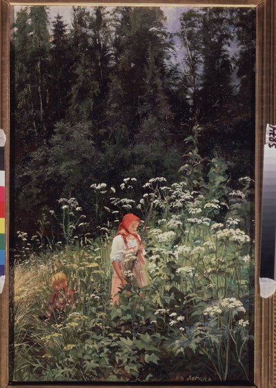 Bir tutam çimenin önündeki kız (Girl at a Tuft of Grass). Olga Antonovna tarafından tablo Lagoda Shishkina (1850-1881), tuval üzerine yağlı boya by Olga Antonova Lagoda Shishkina
