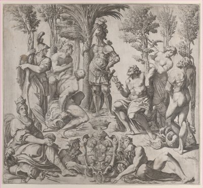 Zırhlı bir figürün etrafında toplanmış altı Olimpiyat tanrısı ile alegorik kompozisyon, 1615-35., 1615-35. by Oliviero Gatti