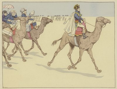 Firavunların ülkesine varan Napolyon, her yere gitti, ardından hiç deve sırtına binmemiş bilim adamları ve sanatçılardan oluşan bir komisyon, 1 Temmuz 1798 by Onfray de Breville Job