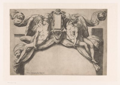 Kartuş tutan iki cinli bir kapı çerçevesi tasarımı by Orazio de Santis (attributed to)