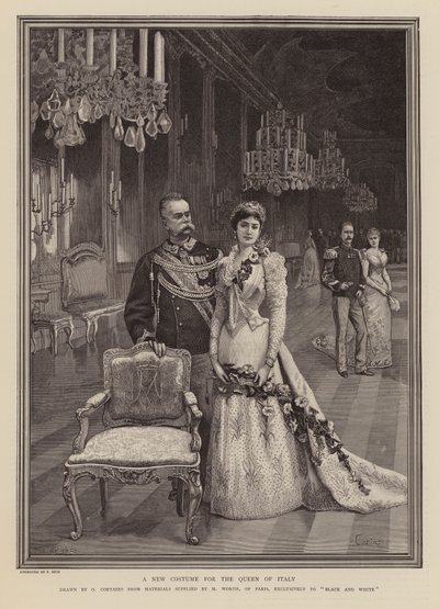 İtalya Kraliçesi Savoylu Margherita için yeni elbise (gravür) by Oreste Cortazzo