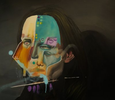 Leylak Gecesi Portresi, 2021-23 (keten üzerine yağlı boya ve sprey boya) by Oscar Nin