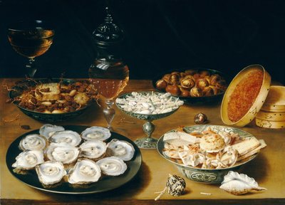 İstiridye, Meyve ve Şaraplı Yemekler, c.1620-25 (panelde yağ) by Osias the Elder Beert