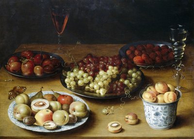 Osias Beert (1580-1624) tarafından meyve ve bardaklarla natürmort, ahşap üzerine yağlı boya by Osias the Elder Beert
