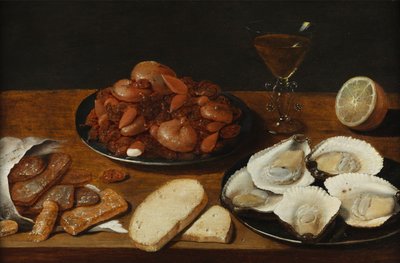 İstiridye, unlu mamüller, limon ve şarap kadehi ile natürmort by Osias the Elder Beert