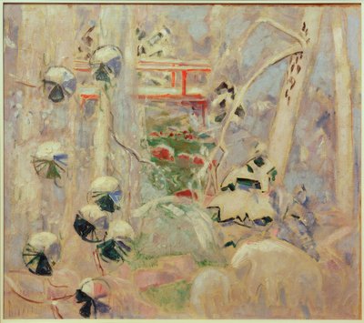 Kırmızı bir köprü ile kar manzarası by Oskar Moll