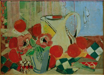 Beyaz bir sürahi ve kiremit desenli natürmort by Oskar Moll
