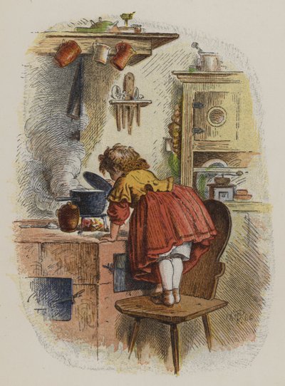 Küçük kız ocakta bir tencereye bakıyor (renkli taş) by Oskar Pletsch