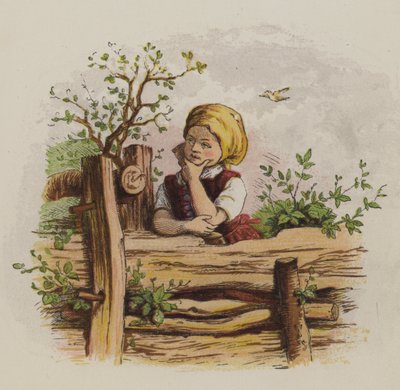 Bir çitin üzerine yaslanmış dalgın kız (renkli taş) by Oskar Pletsch