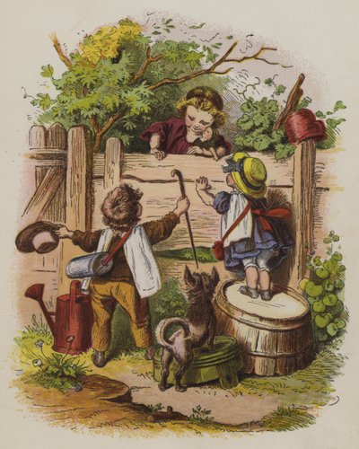 Bir bahçe çitinin üzerinden sohbet eden üç çocuk (renkli taş) by Oskar Pletsch