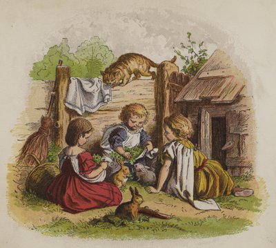 Evcil tavşanlarıyla oynayan üç kız, bir kedi tarafından izleniyor (renkli taş) by Oskar Pletsch