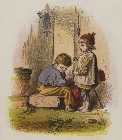Bir evin eşiğinde iki erkek (renkli taş) by Oskar Pletsch