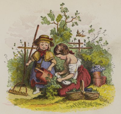 Bahçıvanlık yapan iki kız (renkli taş) by Oskar Pletsch