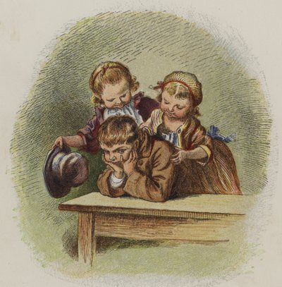 Huysuz bir çocuğu neşelendirmeye çalışan iki küçük kız (renkli taş) by Oskar Pletsch