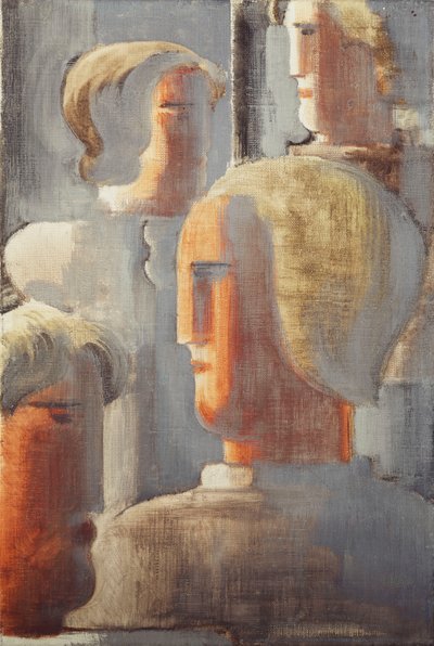 Dört Başlı Grup Gri Mavi, Folkwang-Çalışma III; Vier Kopfergruppe Graublau, Folkwang-Studie III by Oskar Schlemmer