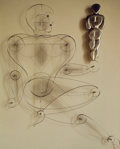Homo, elinde dikiz figürü olan tel figür by Oskar Schlemmer