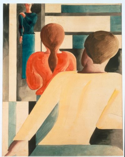 Mavi, sarı ve kırmızı iç by Oskar Schlemmer