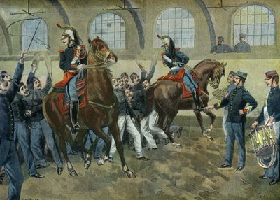 Cumhuriyet Muhafızları atlarını gürültü ve kalabalıkla baş edebilecek şekilde eğitiyor, Paris by Oswaldo Tofani
