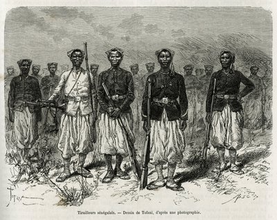 Sefer eskortunun Senegalli binicileri. Deniz Piyade Komutanı Gallieni tarafından 1880-1881