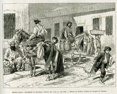 Buenos Aires (Arjantin) sokaklarında küçük işletmeler, gazete bayileri, mandıra, meyve satıcıları vb. Voyage a la Plata hikayesini göstermek için Tofani tarafından yapılan gravür, 1886