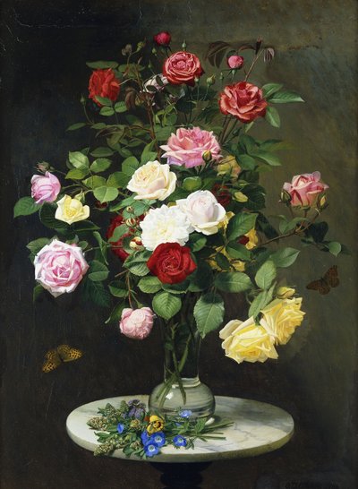 Cam Vazoda Kır Çiçeklerinden Mermer Masa Üzerinde Gül Buketi, 1882 by Otto Didrik Ottesen