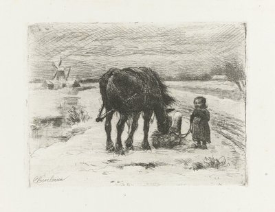 Çocuk ve at ile kar manzarası by Otto Eerelman