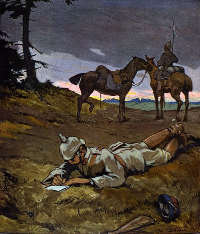 Birinci Dünya Savaşı (1914-1918): 1914'te keşif yapan Alman atlıları. Çivili miğferler takıyorlar. “Jugend” dergisi için Otto Flechner tarafından yapılan resim. 20. yüzyıl by Otto Flechtner