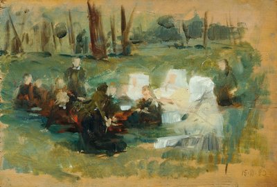 Beyaz giyinmiş üç rahibe ve güneşte bir orman çayırında bir rahip olan bir grup çocuk by Otto Friedrich