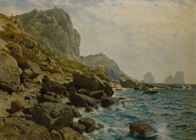 Tekne ile Dramatik Sahil Manzarası (tuval üzerine yağlı boya) by Otto Ludvig Sinding