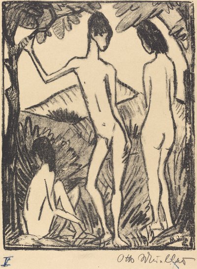 Ayakta duran erkek ve iki kız by Otto Müller