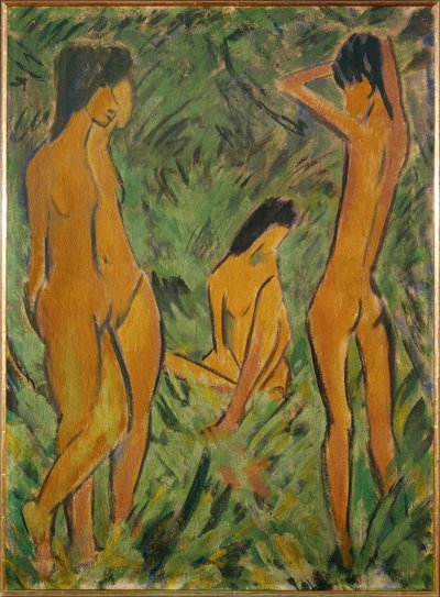 İki kızın önünde erkek çocuk, biri ayakta, biri oturuyor (çuval bezi üzerinde distemper) by Otto Muller or Mueller