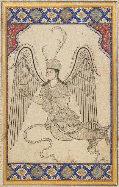 Melek, uçan, bardak ve şarap şişesi ile (Mürekkep, renkli yıkama ve kağıt üzerinde altın) by Ottoman School