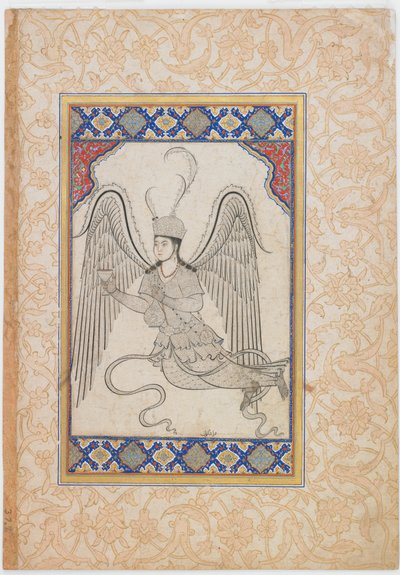 Melek, uçan, bardak ve şarap şişesi ile (Mürekkep, renkli yıkama ve kağıt üzerinde altın) by Ottoman School