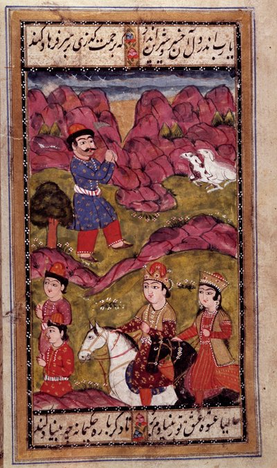 Ottoman art: horse ride of a prince. Turkish manuscript page. 16th century. Private Collection by Ottoman School