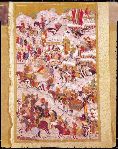 TSM H.1524 'Hünername' el yazması: Kanuni Sultan Süleyman (1494-1566), 1526'da Mohaç Savaşı'nda, Lokman'ın 'Mükemmellik Kitabı'ndan by Ottoman School
