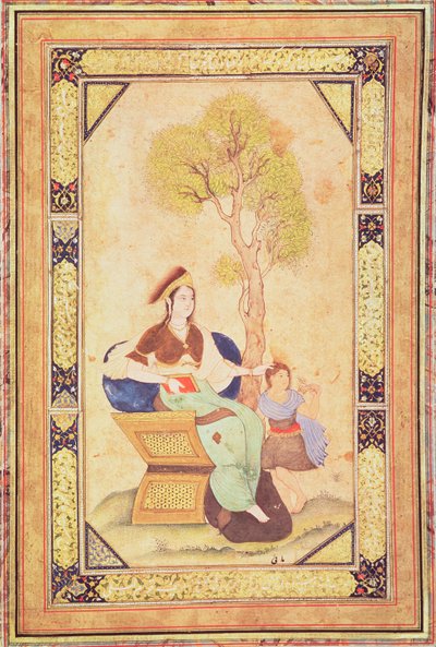 Bir bahçede genç bir kızla birlikte oturan kadın, Album de parçaları kaligrafi ve minyatürden (minyatür) by Ottoman School