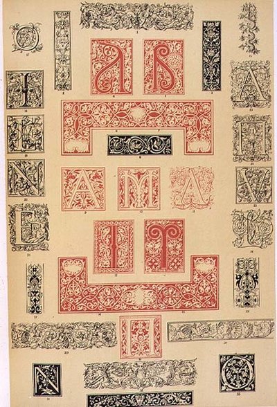 Aldine, Giunta ve Stephan tarafından yayınlanan 16. yüzyıl İtalya ve Fransa'dan Tipografik Bezeme Örnekleri, bölüm XIX, levha XC, 'Süsleme Grameri' 1868'den (renkli taş) by Owen Jones