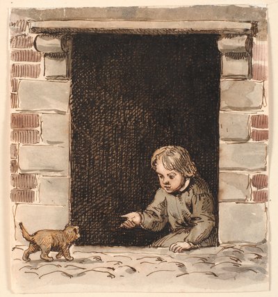 Bodrum kapısında oturan bir çocuk, bir köpek yavrusunu cezbeder. by P.C. Skovgaard