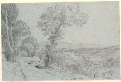 "Genazzano 9 Temmuz 1869"a bakan İtalyan dağ manzarası. by P.C. Skovgaard