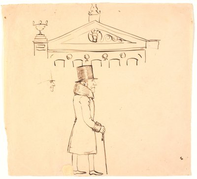 Kumarhanenin dışındaki tüylü bir beyefendinin karikatürü. by P.C. Skovgaard