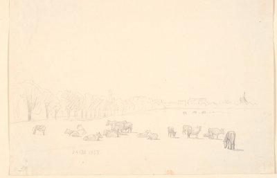 Tuzağa düşen inekler, arka planda Tagens Mølle by P.C. Skovgaard