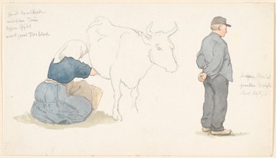 Bir inek sağan kızla çalışma sayfası, t.h. ayakta çiftçi. by P.C. Skovgaard