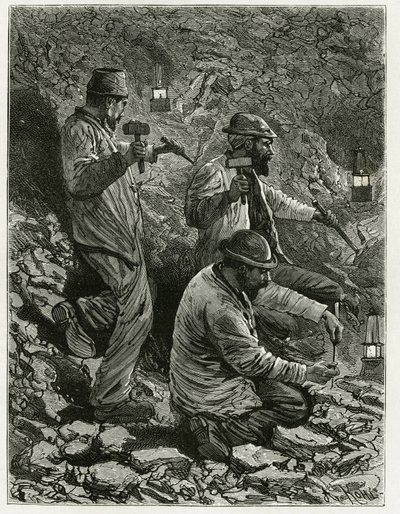 Madenciler damara kömür çıkarıyor. Camille Lemonnier (1844-1913) Belçikalı yazar tarafından “Belçika” hikayesini örneklemek için Ferat tarafından gravür. Le Tour du monde'de yayınlandı, nouveau dergi des voyages, 2. dönem 1884, editörlüğünü Edouard Cha by P. Ferat