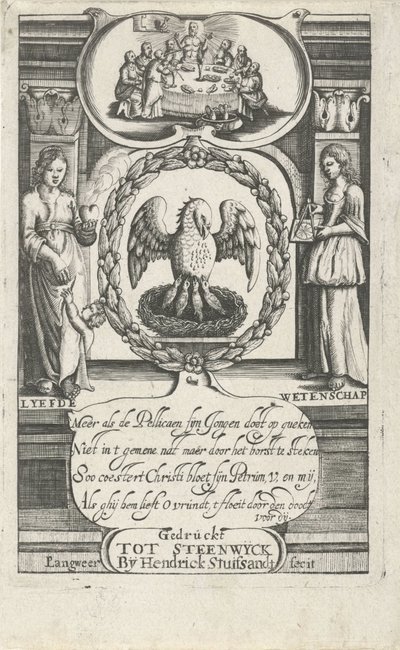 Kendi kanıyla yavrusunu besleyen pelikan Başlık sayfası: D. van Baardt, Manevi ve dünyevi hükümdarlığın gobleni, 1661 by P. Langweer