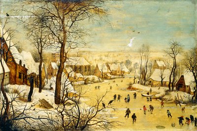 Donmuş bir su yolunda Birdtrap ve Patenciler ile Kışın Bir Köy, by P. the Younger Brueghel