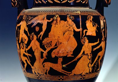 Tavan arası kırmızı figürlü volüt-krater, bir performansa hazırlanan aktörlerin ve müzisyenlerin sahnesinin detayı, Yunanca, Ruvo