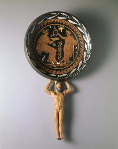Atlas saplı kırmızı figür patera, MÖ 4. yüzyılın son üçte biri. (seramik ve pigment) by Painter of Louvre