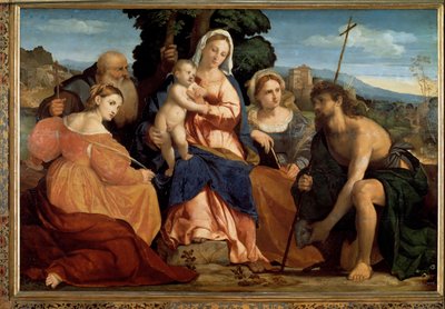 Aziz Catherine ve Aziz Celestine (solda) ve Vaftizci Yahya ve Barbara (sağda) ile çocuklu Bakire (Resim by Palma Il Giovane