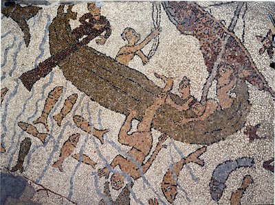 Peygamber Jonas denize iniyor Detay. Pantaleone Mozaiği, rahip ve mozaik. 1163-1166. Otranto Katedrali