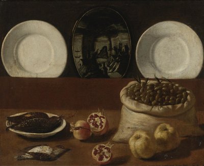 Tabak, zeytin dolu bir çuval, av eti, nar ve ayva ile natürmort by Paolo Antonio Barbieri